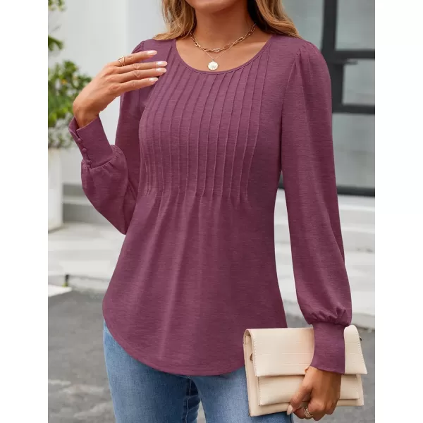 ZESICA Long Sleeve Shirts for Women Fall Tops Crew Neck Pleated Casual Tunic BlousesFuchsia