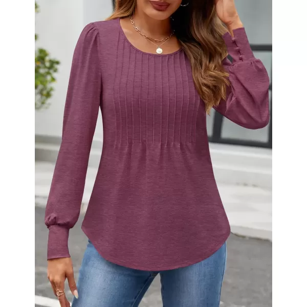 ZESICA Long Sleeve Shirts for Women Fall Tops Crew Neck Pleated Casual Tunic BlousesFuchsia