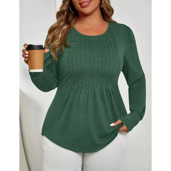 ZESICA Long Sleeve Shirts for Women Fall Tops Crew Neck Pleated Casual Tunic BlousesGreen