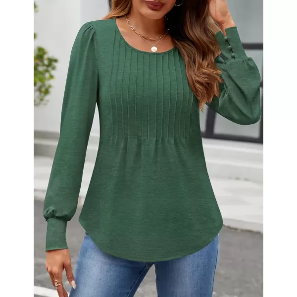 ZESICA Long Sleeve Shirts for Women Fall Tops Crew Neck Pleated Casual Tunic BlousesGreen