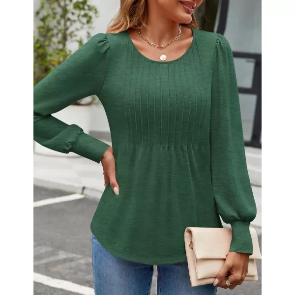 ZESICA Long Sleeve Shirts for Women Fall Tops Crew Neck Pleated Casual Tunic BlousesGreen