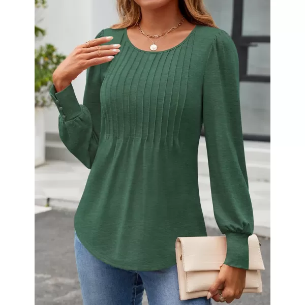 ZESICA Long Sleeve Shirts for Women Fall Tops Crew Neck Pleated Casual Tunic BlousesGreen