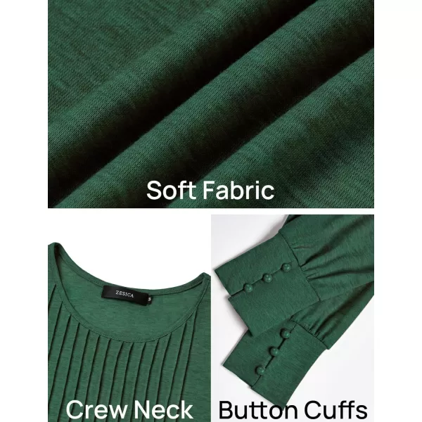ZESICA Long Sleeve Shirts for Women Fall Tops Crew Neck Pleated Casual Tunic BlousesGreen