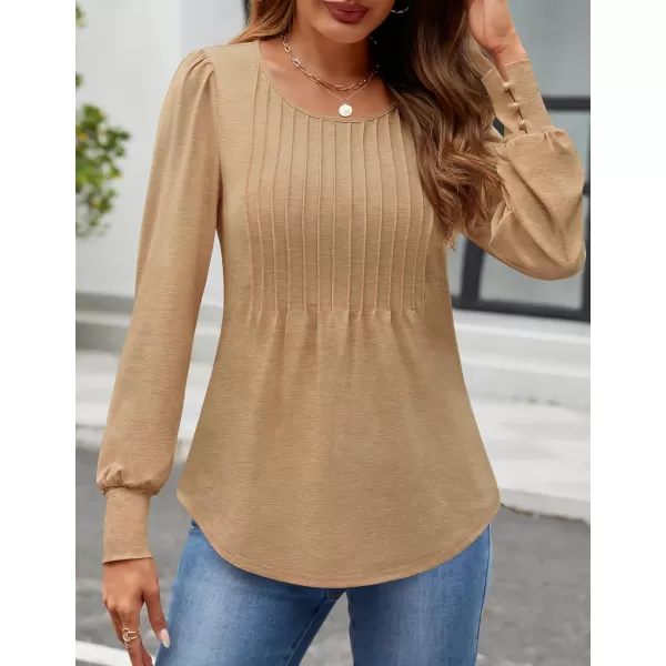 ZESICA Long Sleeve Shirts for Women Fall Tops Crew Neck Pleated Casual Tunic BlousesKhaki