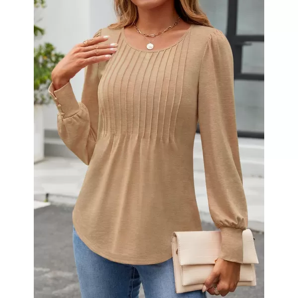 ZESICA Long Sleeve Shirts for Women Fall Tops Crew Neck Pleated Casual Tunic BlousesKhaki