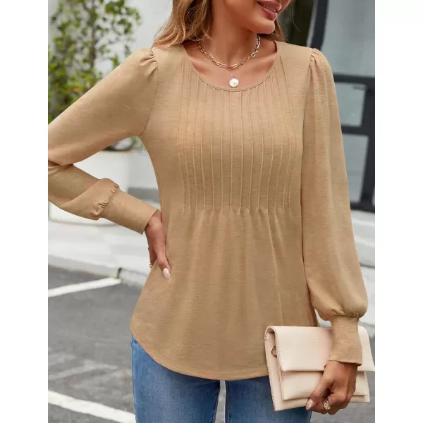 ZESICA Long Sleeve Shirts for Women Fall Tops Crew Neck Pleated Casual Tunic BlousesKhaki