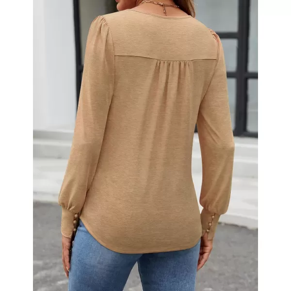 ZESICA Long Sleeve Shirts for Women Fall Tops Crew Neck Pleated Casual Tunic BlousesKhaki