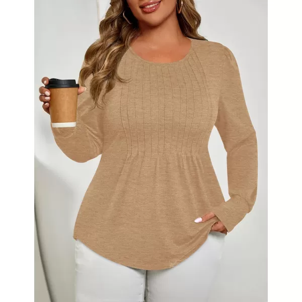 ZESICA Long Sleeve Shirts for Women Fall Tops Crew Neck Pleated Casual Tunic BlousesKhaki
