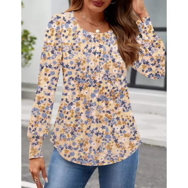 ZESICA Long Sleeve Shirts for Women Fall Tops Crew Neck Pleated Casual Tunic BlousesNewyork Apricot