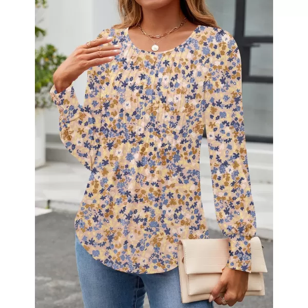 ZESICA Long Sleeve Shirts for Women Fall Tops Crew Neck Pleated Casual Tunic BlousesNewyork Apricot
