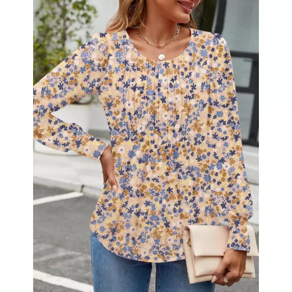 ZESICA Long Sleeve Shirts for Women Fall Tops Crew Neck Pleated Casual Tunic BlousesNewyork Apricot