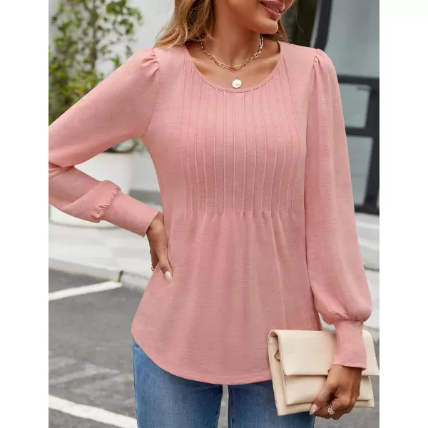 ZESICA Long Sleeve Shirts for Women Fall Tops Crew Neck Pleated Casual Tunic BlousesPink