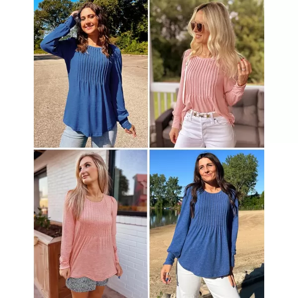 ZESICA Long Sleeve Shirts for Women Fall Tops Crew Neck Pleated Casual Tunic BlousesPink