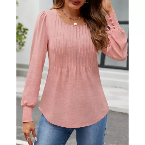 ZESICA Long Sleeve Shirts for Women Fall Tops Crew Neck Pleated Casual Tunic BlousesPink