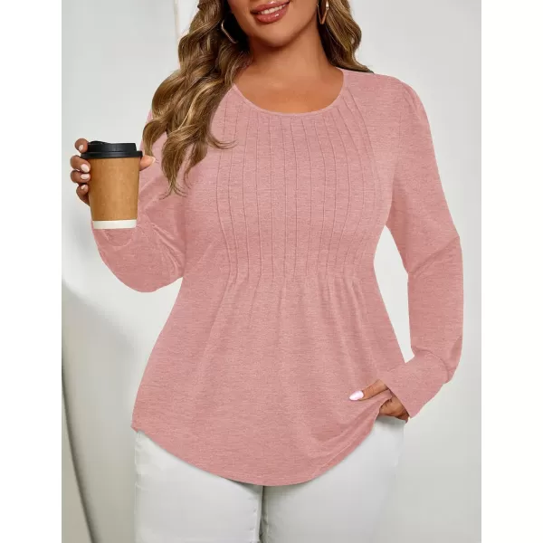 ZESICA Long Sleeve Shirts for Women Fall Tops Crew Neck Pleated Casual Tunic BlousesPink