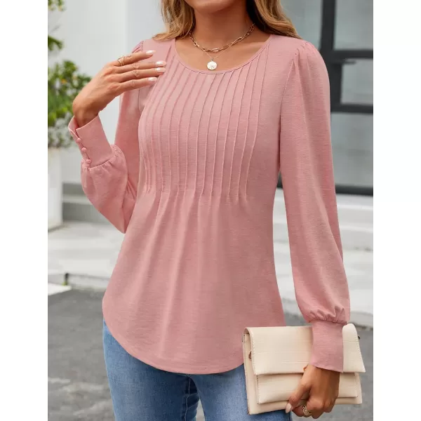 ZESICA Long Sleeve Shirts for Women Fall Tops Crew Neck Pleated Casual Tunic BlousesPink