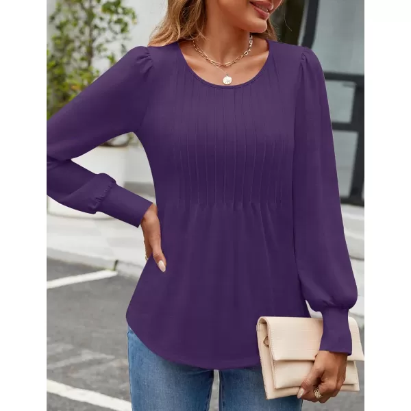 ZESICA Long Sleeve Shirts for Women Fall Tops Crew Neck Pleated Casual Tunic BlousesPurple