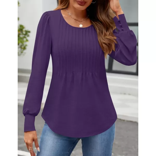 ZESICA Long Sleeve Shirts for Women Fall Tops Crew Neck Pleated Casual Tunic BlousesPurple