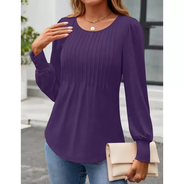 ZESICA Long Sleeve Shirts for Women Fall Tops Crew Neck Pleated Casual Tunic BlousesPurple