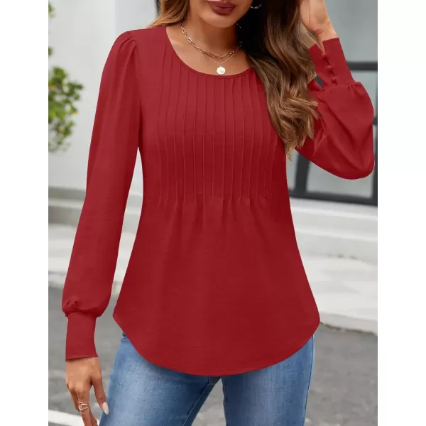 ZESICA Long Sleeve Shirts for Women Fall Tops Crew Neck Pleated Casual Tunic BlousesRed
