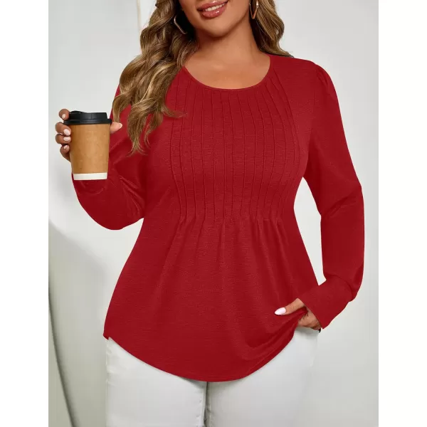 ZESICA Long Sleeve Shirts for Women Fall Tops Crew Neck Pleated Casual Tunic BlousesRed