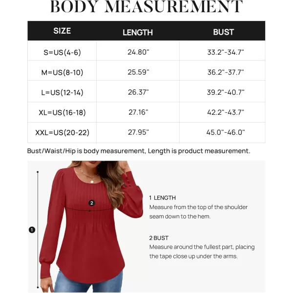 ZESICA Long Sleeve Shirts for Women Fall Tops Crew Neck Pleated Casual Tunic BlousesRed