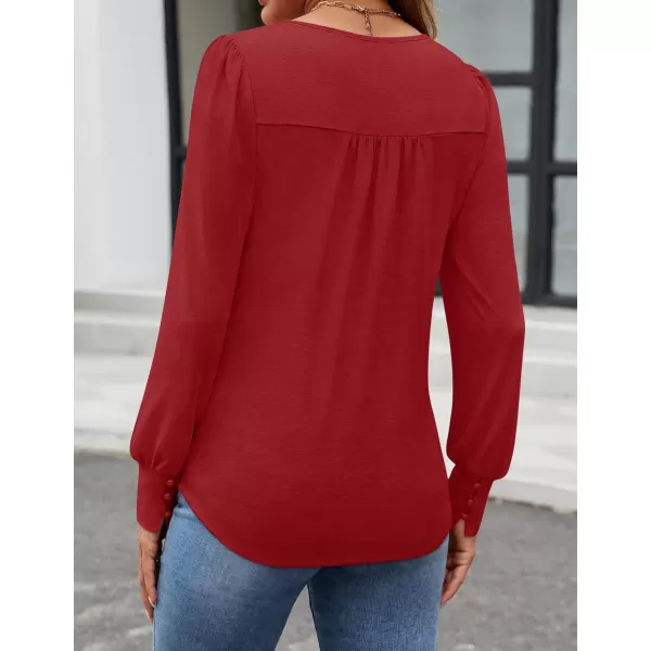 ZESICA Long Sleeve Shirts for Women Fall Tops Crew Neck Pleated Casual Tunic BlousesRed