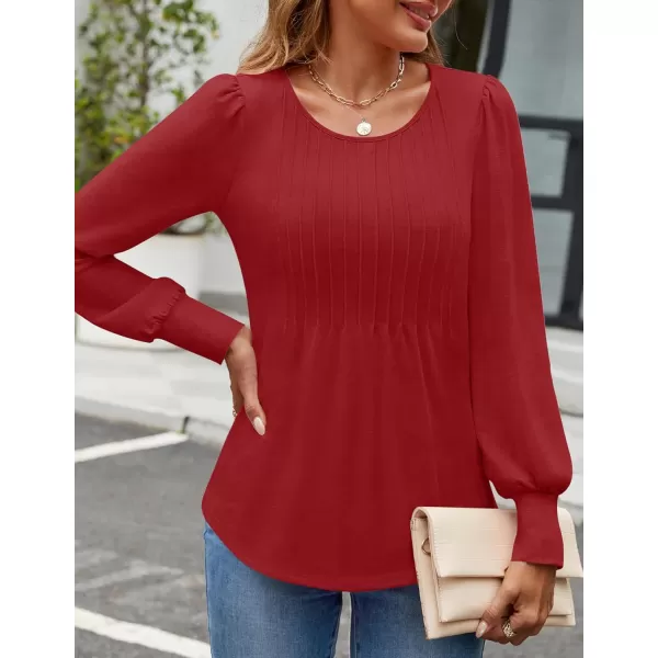 ZESICA Long Sleeve Shirts for Women Fall Tops Crew Neck Pleated Casual Tunic BlousesRed
