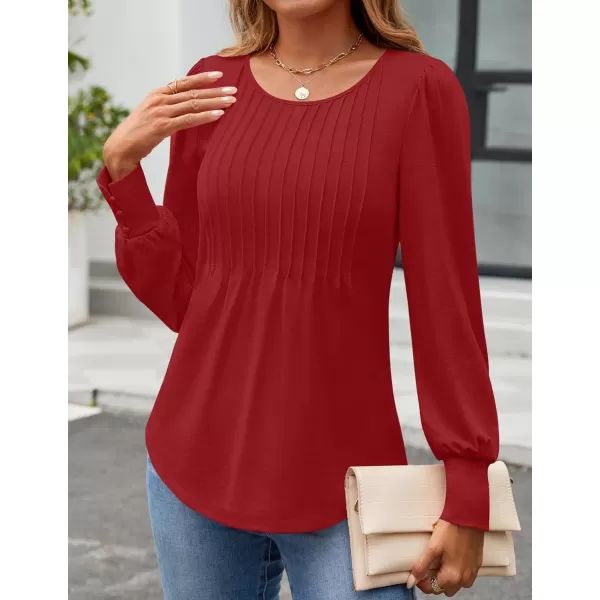 ZESICA Long Sleeve Shirts for Women Fall Tops Crew Neck Pleated Casual Tunic BlousesRed