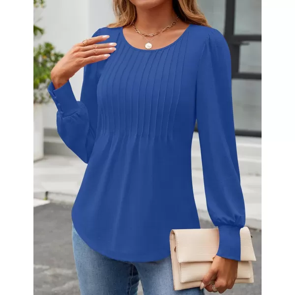 ZESICA Long Sleeve Shirts for Women Fall Tops Crew Neck Pleated Casual Tunic BlousesRoyalblue