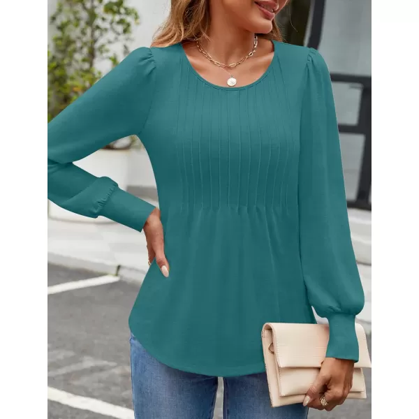 ZESICA Long Sleeve Shirts for Women Fall Tops Crew Neck Pleated Casual Tunic BlousesTeal