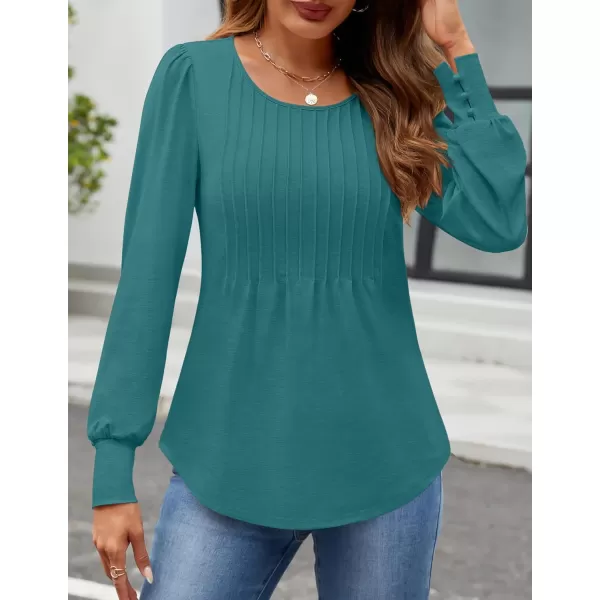 ZESICA Long Sleeve Shirts for Women Fall Tops Crew Neck Pleated Casual Tunic BlousesTeal
