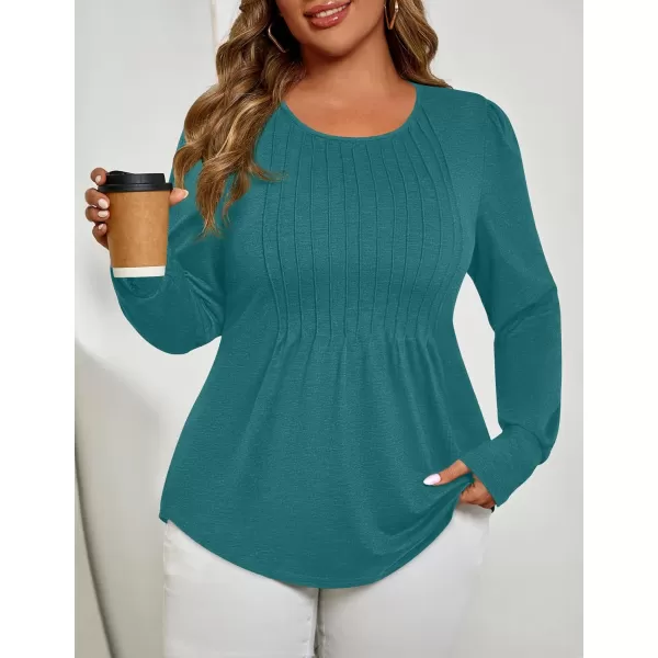 ZESICA Long Sleeve Shirts for Women Fall Tops Crew Neck Pleated Casual Tunic BlousesTeal