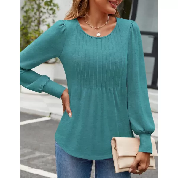 ZESICA Long Sleeve Shirts for Women Fall Tops Crew Neck Pleated Casual Tunic BlousesTurquoise