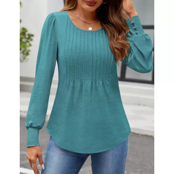 ZESICA Long Sleeve Shirts for Women Fall Tops Crew Neck Pleated Casual Tunic BlousesTurquoise
