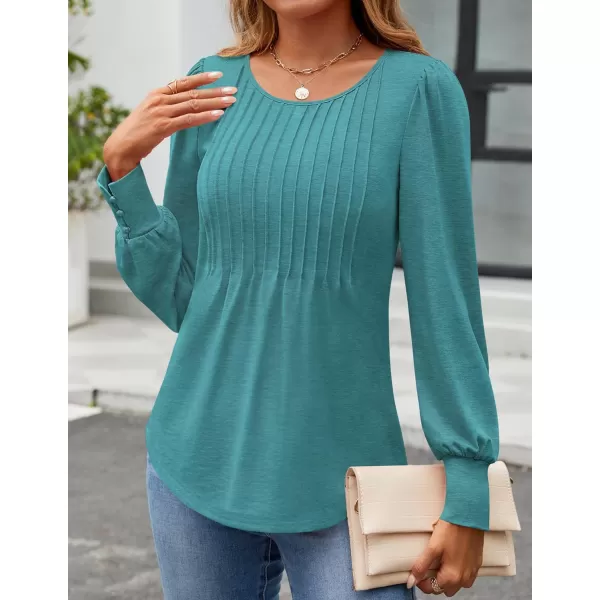 ZESICA Long Sleeve Shirts for Women Fall Tops Crew Neck Pleated Casual Tunic BlousesTurquoise