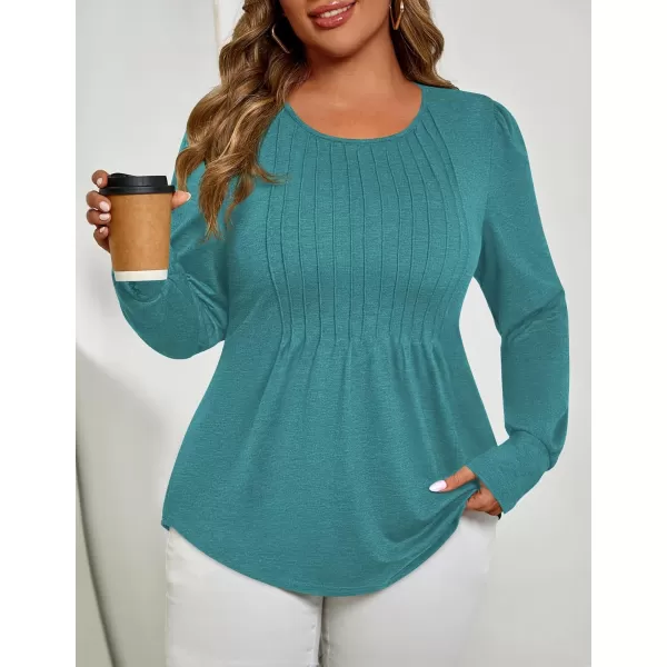 ZESICA Long Sleeve Shirts for Women Fall Tops Crew Neck Pleated Casual Tunic BlousesTurquoise