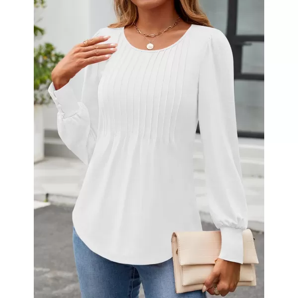 ZESICA Long Sleeve Shirts for Women Fall Tops Crew Neck Pleated Casual Tunic BlousesWhite