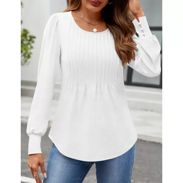 ZESICA Long Sleeve Shirts for Women Fall Tops Crew Neck Pleated Casual Tunic BlousesWhite