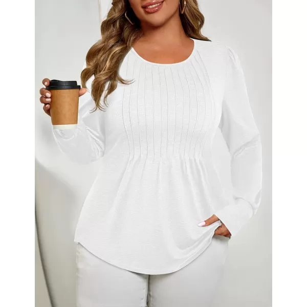 ZESICA Long Sleeve Shirts for Women Fall Tops Crew Neck Pleated Casual Tunic BlousesWhite