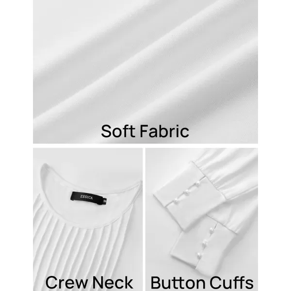 ZESICA Long Sleeve Shirts for Women Fall Tops Crew Neck Pleated Casual Tunic BlousesWhite