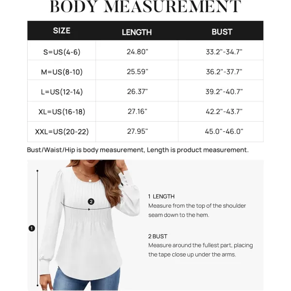 ZESICA Long Sleeve Shirts for Women Fall Tops Crew Neck Pleated Casual Tunic BlousesWhite