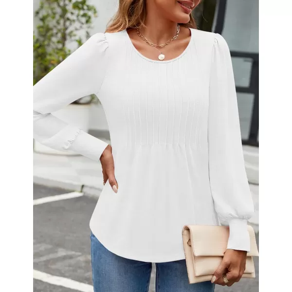 ZESICA Long Sleeve Shirts for Women Fall Tops Crew Neck Pleated Casual Tunic BlousesWhite