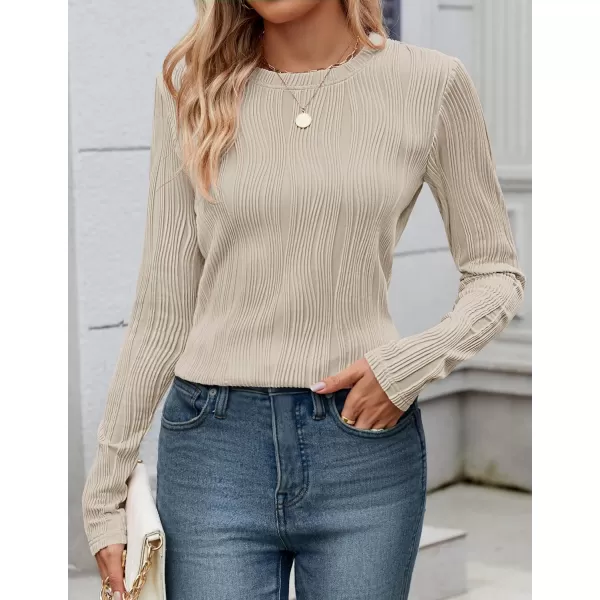 ZESICA Long Sleeve Shirts for Women Tops Fall Fashion 2024 Trendy Slim fit Textured TshirtsApricot