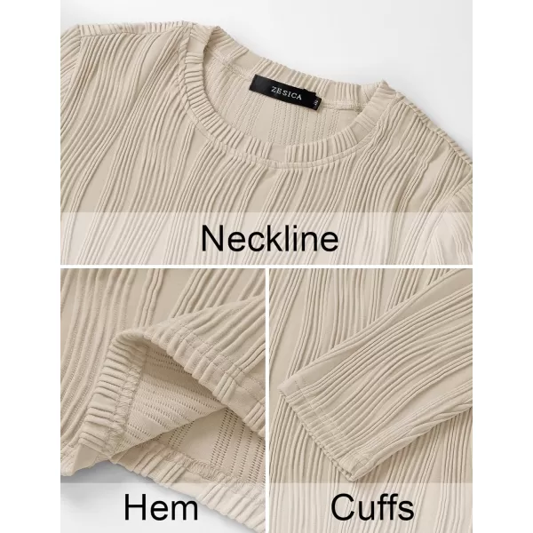 ZESICA Long Sleeve Shirts for Women Tops Fall Fashion 2024 Trendy Slim fit Textured TshirtsApricot