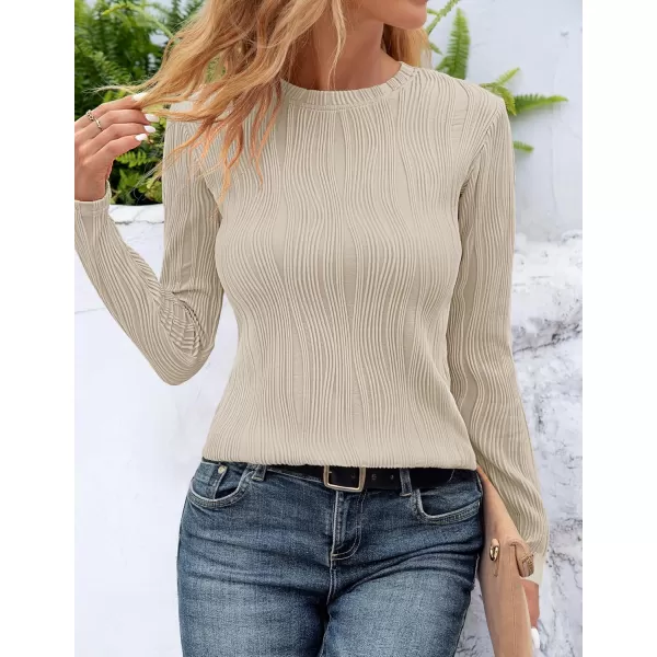 ZESICA Long Sleeve Shirts for Women Tops Fall Fashion 2024 Trendy Slim fit Textured TshirtsApricot