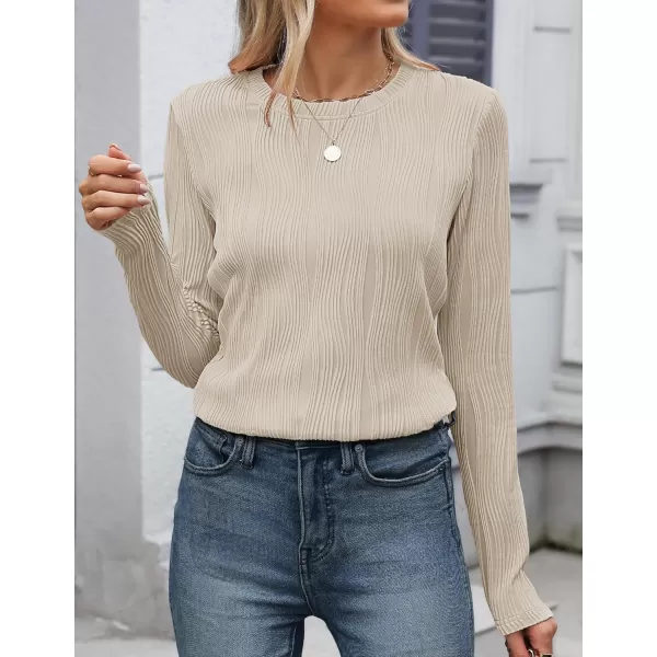 ZESICA Long Sleeve Shirts for Women Tops Fall Fashion 2024 Trendy Slim fit Textured TshirtsApricot