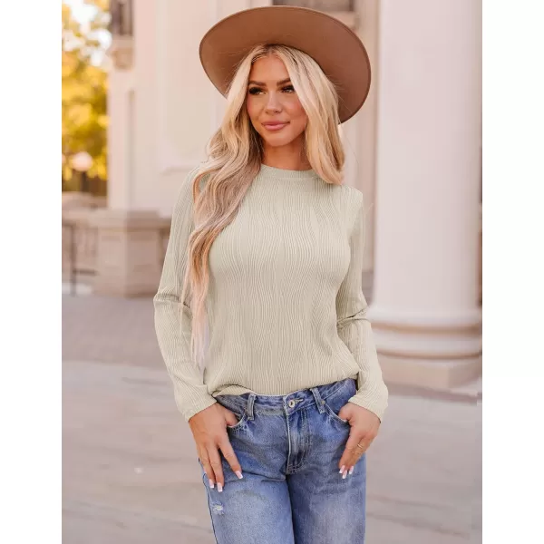 ZESICA Long Sleeve Shirts for Women Tops Fall Fashion 2024 Trendy Slim fit Textured TshirtsApricot