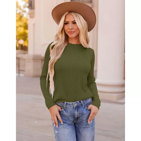 ZESICA Long Sleeve Shirts for Women Tops Fall Fashion 2024 Trendy Slim fit Textured TshirtsArmygreen