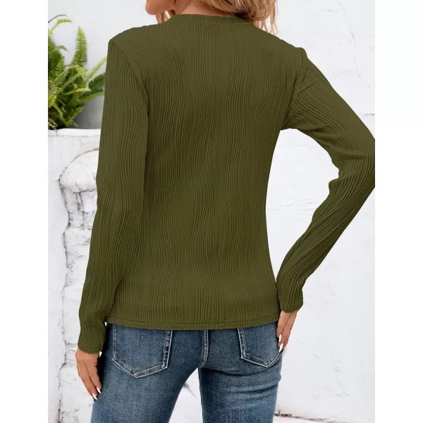 ZESICA Long Sleeve Shirts for Women Tops Fall Fashion 2024 Trendy Slim fit Textured TshirtsArmygreen
